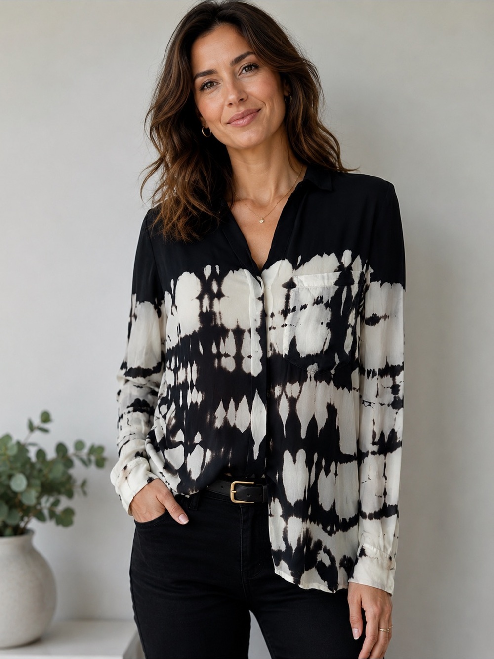 Young Fabulous & Broke Black and White Tie-Dye Button Front Blouse